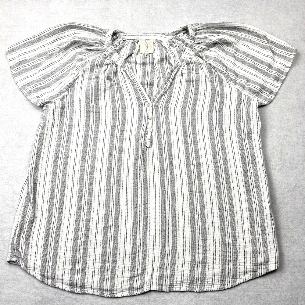 Joie Womens 1X Striped Henley Blouse Flutter Sleeve White Grey Cotton Rayon Mix